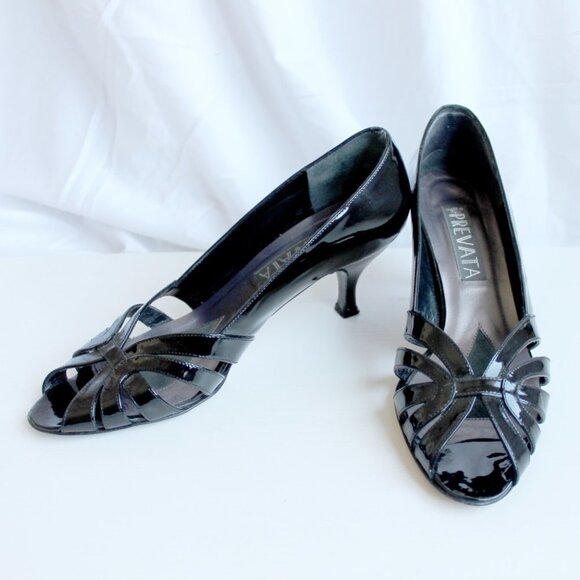 PREVATA  | Vintage Italian Leather Shoes 7 1/2 Black | Open-Toes Kitten Heels - Picture 4 of 15